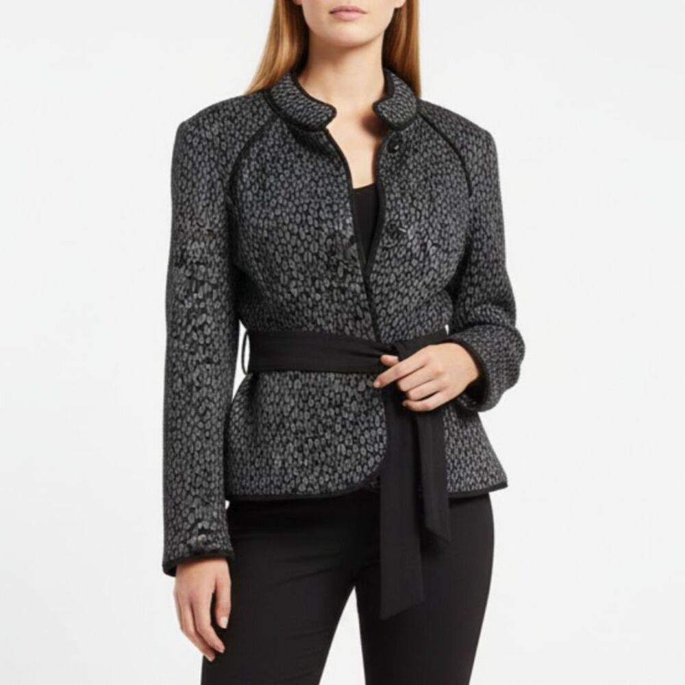 Sandro Gray & Black Print Woven Long Sleeve Belted Button Close Jacket L